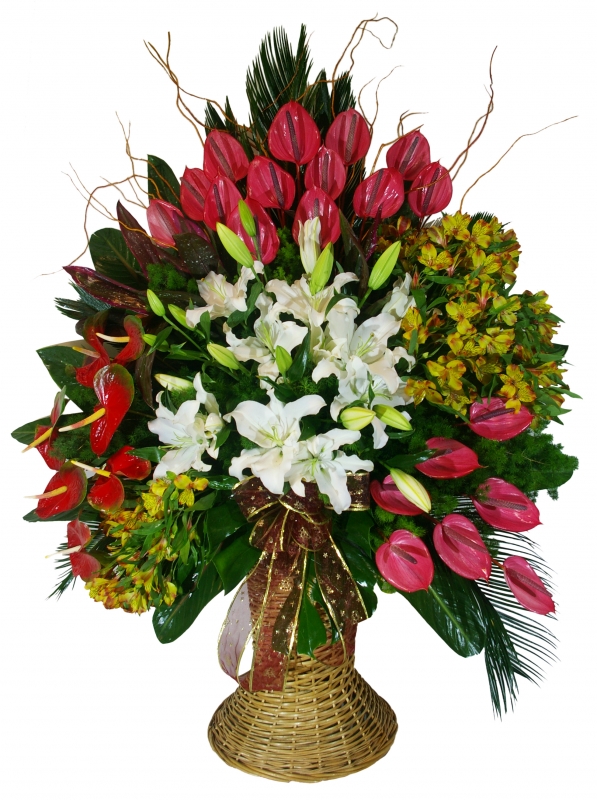 Funnel basket with anthurium, lilium and Alstroemeria flowers Funnel basket with anthurium, lilium and Alstroemeria flowers