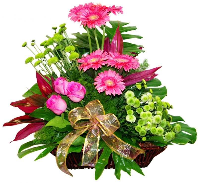 One-sided wicker basket with gerbera, chrysanthemum, anthurium and rose