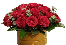 Red roses in a metal vase
